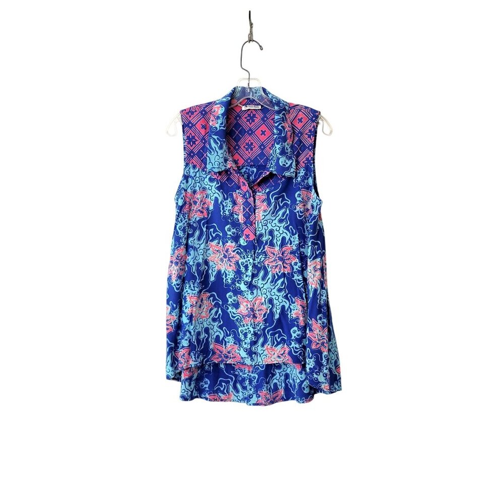 Batik Keris Sleeveless Button-Down Top Women's M 100% Viscose With Wax Print Blu